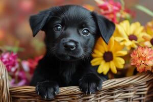 A black puppy is sitting in a basket of flowers photo