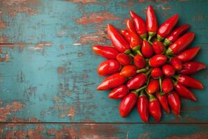Fresh red chili peppers arranged in a decorative pattern on a rustic wooden table photo