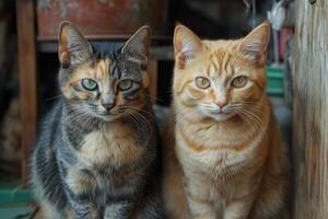 Two cats sitting next to each other on a wooden floor photo