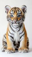 A tiger cub sitting down on a white background photo