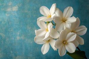 White tropical flowers against a blue textured background create a serene and calming atmosphere photo