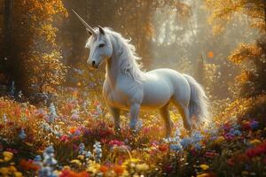 A white unicorn is standing in a field of flowers photo