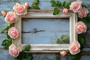 Pink roses are placed in a frame on a wooden wall photo