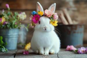 A white rabbit wearing a flower crown sits on a wooden table photo