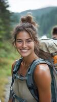 A woman with a backpack smiles while hiking photo