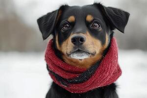 A dog wearing a red scarf in the snow photo