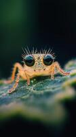 A jumping spider with big eyes on a leaf photo