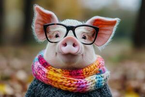 A pig wearing glasses and a scarf photo