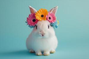 A white rabbit wearing a flower crown on a blue background photo