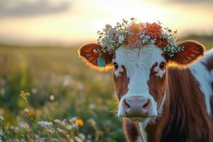 A cow with flowers on its head in a field photo