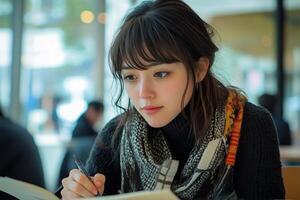 A woman is writing in a book while sitting at a table photo