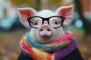 A pig wearing glasses and a scarf photo
