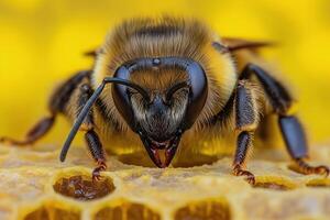 A close up of a bee on a honeycomb photo