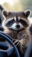 A raccoon is sitting in the driver's seat of a car photo
