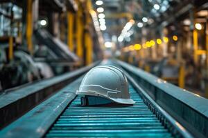 Hard hat resting on conveyor belt in an industrial facility during evening photo