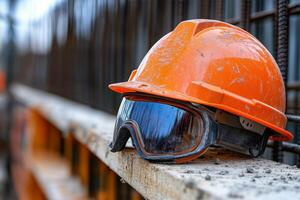 An orange hard hat and goggles sitting on a fence photo
