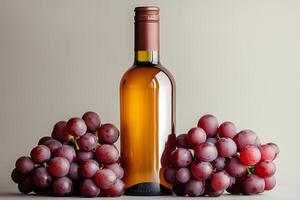 Fresh grapes and wine bottle display on neutral background with soft lighting. photo