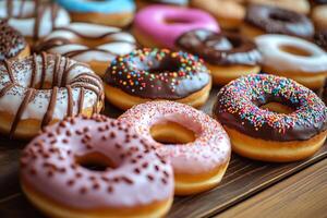 Variety of colorful donuts displayed on a wooden table during a sunny afternoon. photo