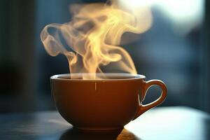 Warm cup of coffee with steam rising in bright morning light. photo