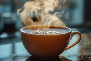 Warm cup of coffee with steam rising in a cozy cafe setting during morning hours. photo