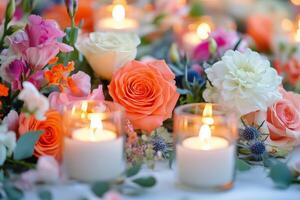 Colorful floral arrangement with candles for a romantic evening in a garden setting. photo