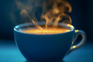 Warm cup of steaming beverage with cozy atmosphere in a tranquil setting. photo
