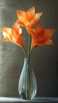 Elegant orange flowers in a clear vase with soft lighting and neutral background. photo