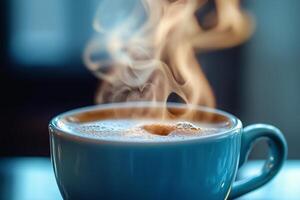 Warm cup of coffee with steam rising indoors in the morning light. photo