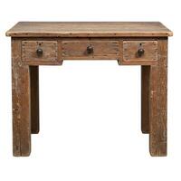 A rustic desk with three drawers photo