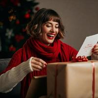 A woman in a red sweater holding a gift box photo