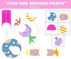 Matching game for kids, sweets theme. Find the missing parts logic task. Match the right picture. Colorful educational game for children. vector