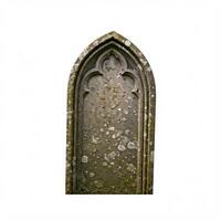 An old stone tombstone with a window in it photo