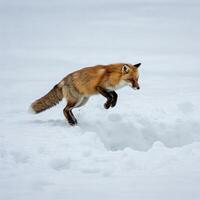 A red fox jumping over a hole in the snow photo