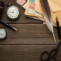 A wooden table with a clock, pen, envelope and other items photo