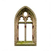 Old decayed stone Gothic window, isolated on a white backgroun photo
