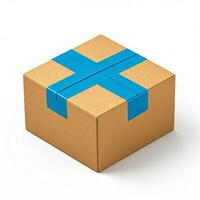 A cardboard box with blue tape on it photo