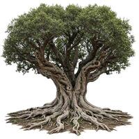 An old olive tree with roots on a white background photo