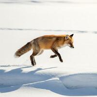 A red fox running across the snow photo