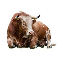 A brown and white bull laying down on a white background photo
