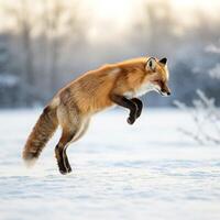A red fox jumping over a snow covered field photo