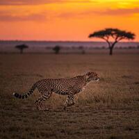 A cheetah running across a field at sunset photo