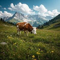 A cow standing in a field with mountains in the background photo