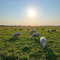 A herd of sheep grazing in a field photo