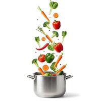 A pot with vegetables flying out of it photo