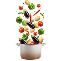 Vegetables flying out of a pot on a white background photo
