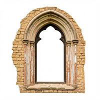 An old window in a brick wall with a white background photo