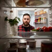 A man with a beard standing in front of an open refrigerator photo