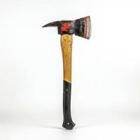 A large axe with a wooden handle and a red handle photo