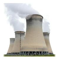 A group of cooling towers with smoke coming out of them photo
