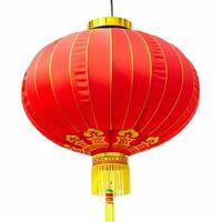 A red chinese lantern hanging from a white background photo